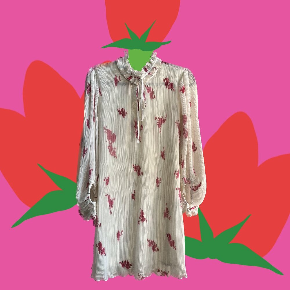 GANNI Floral Print Plisse Georgette Neck Tie Mini Dress EU 40